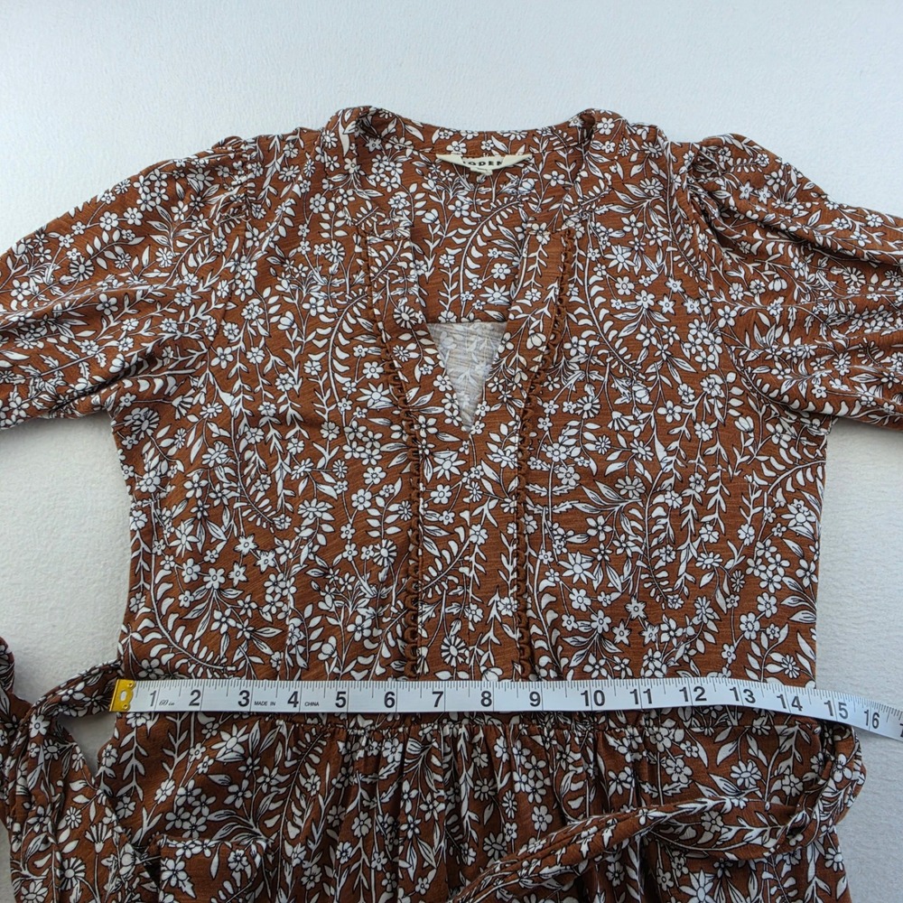 Boden Brown Floral Cotton Tencel Maxi Dress Puff Sleeve Tie Waist Size 4 - Picture 10 of 11